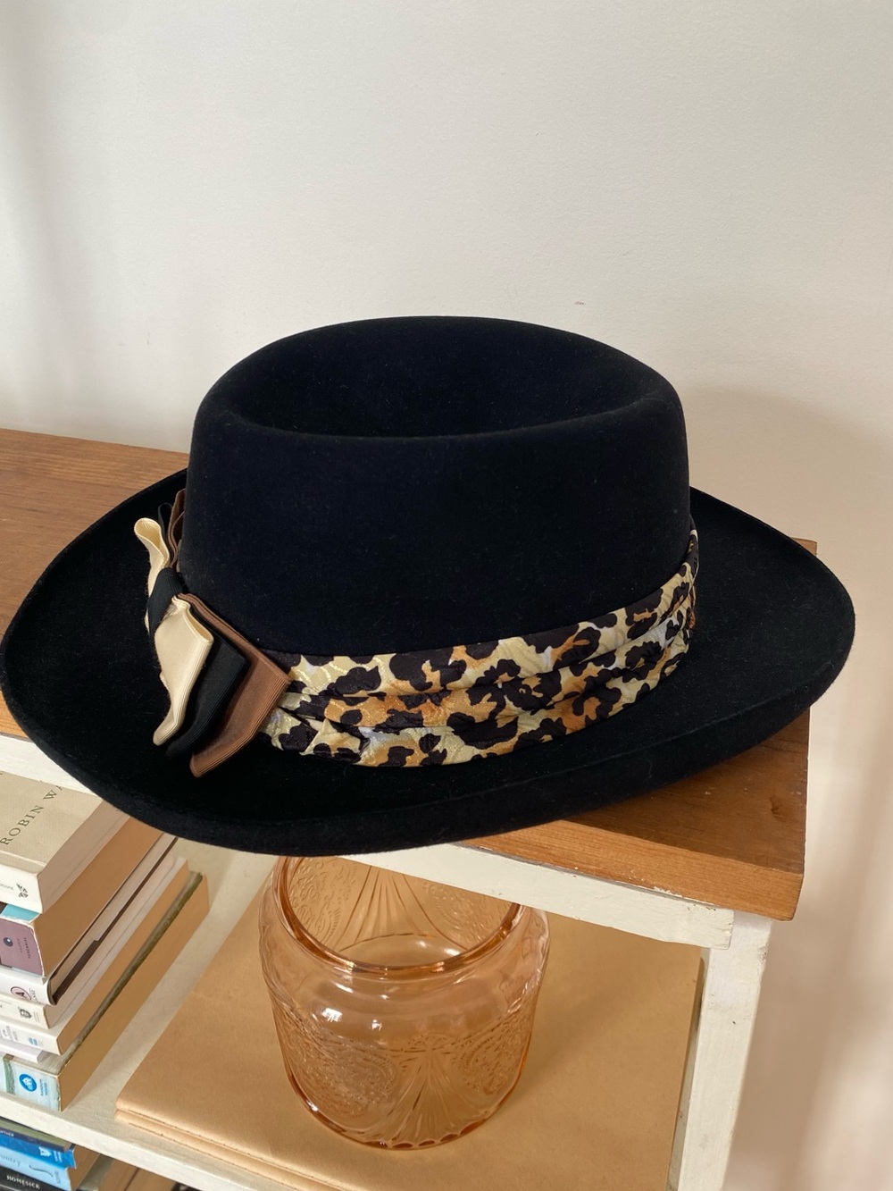 Vintage Biltmore black Fedora hat with leopard print ribbon bow accents